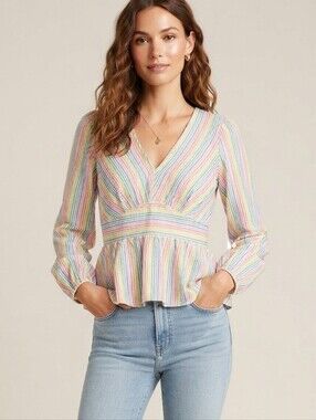 J. Crew Multicolor Pastel Rainbow Poplin Peplum Zip Back Blouse Size Small-Sale!
